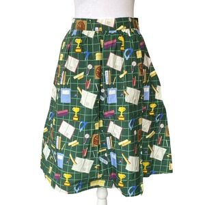 ModCloth School Novelty A Line Cotton Green Midi Skirt Medium Teacher Twee Pinup